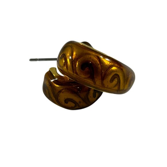 Half Hoop Earrings Brown Swirl Design Gold Tone Pierced Retro Style - Picture 3 of 9